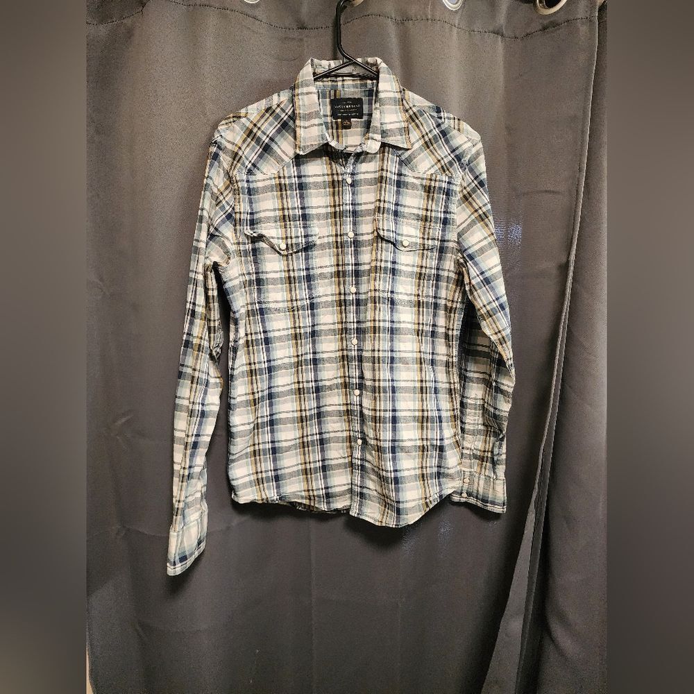 Lucky Brand Saturday Stretch Western Shirt Multi Plaid Pearl Snap Mens Medium
